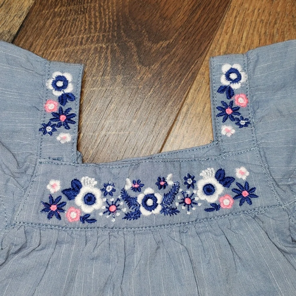 The Children's Place Blue Chambray Tiered Floral Embroidered Dress, Size 6-9M - Picture 4 of 6